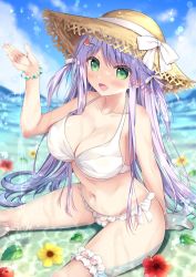 Rule 34 | 1girl, arm support, ass, bikini, blue sky, blush, bracelet, breasts, cleavage, cloud, collarbone, commentary, day, food-themed hair ornament, green eyes, hair ornament, hair ribbon, hat, highres, horizon, jewelry, large breasts, long hair, looking at viewer, navel, ocean, original, outdoors, partially submerged, petals, purple hair, ribbon, sidelocks, sitting, sky, smile, solo, stomach, straw hat, sun hat, swimsuit, symbol-only commentary, thigh strap, watagashi yui, watermelon hair ornament, white bikini