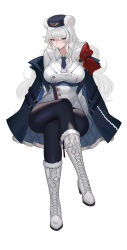 Rule 34 | 1girl, absurdres, animal ears, arknights, bear ears, black pants, blue cape, blue eyes, blue headwear, blue necktie, boots, breasts, cape, chong (547342983), commentary request, cross-laced footwear, crossed legs, hair between eyes, heterochromia, highres, invisible chair, jacket, lace-up boots, large breasts, leggings, long hair, looking at viewer, necktie, off shoulder, pants, red eyes, rosa (arknights), simple background, sitting, smile, solo, thighs, very long hair, white background, white footwear, white hair, white jacket