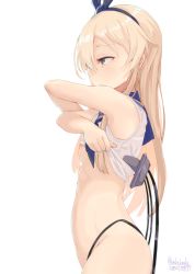 Rule 34 | 1girl, alakoala, black hairband, black panties, blonde hair, blue sailor collar, clothes lift, commentary request, crop top, crossed arms, dated, from side, g-db, grey eyes, hairband, highres, kantai collection, lifting own clothes, long hair, looking away, nipple slip, nipples, no bra, panties, profile, sailor collar, school uniform, serafuku, shimakaze (kancolle), shirt, shirt lift, simple background, sleeveless, sleeveless shirt, solo, standing, straight hair, twitter username, underwear, undressing, white background, white shirt