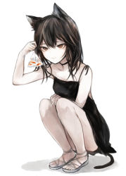 Rule 34 | 1girl, animal ears, bag, bagged fish, bare arms, bare shoulders, black dress, black hair, brown eyes, cat ears, cat girl, cat tail, closed mouth, collarbone, commentary request, dress, fingernails, fish, full body, goldfish, grey footwear, hair between eyes, hasunokaeru, highres, light smile, long hair, original, sandals, sleeveless, sleeveless dress, solo, squatting, tail, toenails, white background