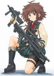 Rule 34 | 1girl, aai corporation, airtronic usa, assault rifle, bike shorts, black shirt, black shorts, blue footwear, boots, brown eyes, brown hair, bullpup, closed mouth, colt&#039;s manufacturing company, colt defense, commentary request, cpw, diemaco, dress shirt, frown, full body, gloves, green skirt, grenade launcher, gun, handgun, highres, holding, holding gun, holding weapon, jacket, knight&#039;s armament company, lewis machine and tool company, long sleeves, looking at viewer, m203, machine pistol, messy hair, mikeran (mikelan), miniskirt, muzzle device, neck ribbon, on one knee, original, personal defense weapon, pistol, plaid, plaid skirt, pleated skirt, red ribbon, ribbon, rifle, rm equipment, sar 21, school uniform, shadow, shirt, shorts, shorts under skirt, simple background, skirt, solo, st kinetics, st kinetics cpw, submachine gun, thigh strap, u.s. ordnance, underbarrel grenade launcher, weapon, white background, white gloves, white jacket, wing collar