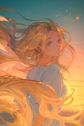 Rule 34 | 1girl, absurdres, arms behind back, blonde hair, blue eyes, blush, breasts, closed mouth, commentary request, dress, floating hair, from behind, highres, horizon, kofune ushio, looking at viewer, medium breasts, outdoors, short sleeves, smile, solo, summertime render, sunset, tidsean, upper body, white dress