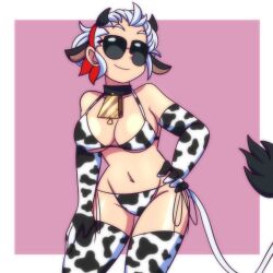 Rule 34 | 1girl, absurdres, animal ears, animal print, bikini, breasts, cow ears, cow print, cow tail, cowbell, cowboy shot, curvy, demon girl, demon horns, elbow gloves, facing viewer, female focus, fingerless gloves, gloves, hand on own hip, helltaker, highres, horns, justice (helltaker), large breasts, lueduar, navel, pink background, ringed eyes, shiny skin, short eyebrows, short hair, side-tie bikini bottom, slit pupils, smile, solo, standing, sunglasses, swimsuit, tail, thick thighs, thighs, white hair, wide hips