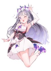 Rule 34 | 1girl, ;d, arm up, armpits, artist name, bangle, black corset, bracelet, bridal gauntlets, collarbone, commentary, corset, crown, crystal, dress, fingernails, floating hair, grey hair, highres, hololive, hololive english, jewelry, jumping, koseki bijou, koseki bijou (1st costume), long fingernails, long hair, looking at viewer, midair, nail polish, namiorii, one eye closed, open mouth, purple eyes, purple force, purple nails, simple background, smile, solo, strapless, strapless dress, symbol-only commentary, teeth, upper teeth only, very long hair, virtual youtuber, white background, white dress