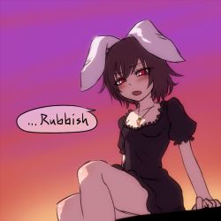 Rule 34 | 1girl, alternate costume, animal ears, black dress, blush, breasts, brown hair, carrot necklace, cleavage, collarbone, commentary request, dress, english text, evening, feet out of frame, frilled dress, frills, gradient sky, inaba tewi, looking at viewer, looking down, miata (miata8674), necklace, one-hour drawing challenge, open mouth, orange sky, purple sky, rabbit ears, red eyes, short dress, short hair, sitting, sky, small breasts, solo, thighs, touhou