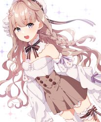 Rule 34 | 1girl, bare shoulders, blush, bow, braid, brown ribbon, buttons, detached collar, detached sleeves, dress, dutch angle, grey hair, hair ornament, hair ribbon, hairpin, hat, indie virtual youtuber, light brown hair, long hair, looking at viewer, lucienne (vtuber), mamyouda, open mouth, ribbon, single braid, smile, solo, sparkle, teeth, thigh strap, upper teeth only, virtual youtuber, wavy hair, white hat