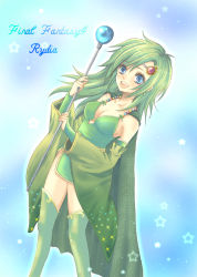 Rule 34 | 1girl, :d, aged up, asymmetrical bangs, blue background, blue eyes, breasts, bridal gauntlets, cape, character name, cleavage, collarbone, commentary request, copyright name, detached sleeves, dress, final fantasy, final fantasy iv, green cape, green dress, green hair, green thighhighs, holding, holding staff, hoshino (nia hoshino), long hair, looking at viewer, medium breasts, nail polish, open mouth, ribbon-trimmed sleeves, ribbon trim, rydia (ff4), smile, solo, spoilers, staff, standing, star (symbol), teeth, thighhighs, tiara, wide sleeves