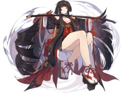 Rule 34 | 1girl, absurdly long hair, ark order, artist request, bare shoulders, black footwear, black hair, black kimono, blood, blood on hands, blunt bangs, breasts, expressionless, facial mark, floating, floating object, floating weapon, full body, geta, hair ribbon, hime cut, izanagi no mikoto (ark order), japanese clothes, katana, kimono, large breasts, leg ribbon, long hair, long sleeves, looking at viewer, official art, pom pom (clothes), red kimono, red ribbon, ribbon, sidelocks, sitting, socks, solo, sword, tabi, tachi-e, thigh ribbon, transparent background, very long hair, weapon, white socks, wide sleeves, yellow eyes