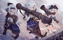 Rule 34 | 3girls, at4, at4 (girls&#039; frontline), black pantyhose, blue eyes, blue skirt, breasts, buckle, cleavage, embers, eyes visible through hair, feet out of frame, fingerless gloves, girls&#039; frontline, gloves, goggles, goggles on head, gun, hair ornament, hair over one eye, hairband, handgun, highres, holding, holding gun, holding rocket launcher, holding weapon, holster, holstered, man-portable anti-tank systems, medium breasts, miniskirt, multiple girls, necktie, night vision device, official art, over shoulder, pantyhose, partially fingerless gloves, pleated skirt, pouch, rebar, recoilless gun, rocket launcher, shirt, shoes, short hair, single thighhigh, skindentation, skirt, smoke, snap-fit buckle, socks, submachine gun, tactical clothes, tec-9, terras, thigh holster, thigh pouch, thigh strap, thighhighs, weapon, weapon over shoulder, white hair, white shirt