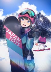 Rule 34 | 1girl, animal ears, animal hat, beanie, black hair, blue eyes, breath, cat, cat ears, cloud, day, glint, gloves, goggles, goggles on head, hat, head tilt, highres, mountain, nagu, one eye closed, open mouth, original, outdoors, pink hat, ski goggles, sky, snowboard, standing, teeth, upper teeth only, v, winter clothes