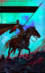 Rule 34 | 1boy, animal, blood, cape, commentary, dominik mayer, english commentary, fantasy, flower, gradient background, green background, helm, helmet, highres, holding, holding shield, horse, original, red cape, riding, shield, signature, sitting, sword, weapon, white flower