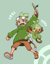 Rule 34 | 1boy, :d, arm up, belt, brown footwear, brown shorts, clenched hand, commentary request, creatures (company), fangs, game freak, gen 8 pokemon, glasses, green eyes, green hair, green jacket, grookey, hair ornament, hair stick, holding, holding stick, jacket, leaf, long sleeves, mabu (dorisuto), male focus, nintendo, open mouth, pokemon, pokemon (creature), shoes, short hair, shorts, smile, stick, tongue, yellow-framed eyewear