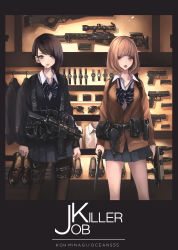 Rule 34 | 2girls, :p, absurdres, ar-15, asymmetrical hair, belt, black hair, black legwear, blunt bangs, bow, brown eyes, brown hair, cardigan, cigarette, clenched hand, clothes hanger, cover, cover page, gun, gun rack, handgun, highres, holding, holding gun, holding shoes, holding weapon, indoors, knife, koh (minagi kou), mouth hold, multiple girls, original, pantyhose, pleated skirt, red eyes, rifle, school uniform, shoes, short hair, skirt, standing, sunglasses, sunglasses removed, thigh strap, tongue, tongue out, utility belt, watch, weapon, wristwatch