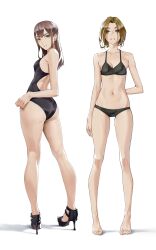 Rule 34 | 2girls, absurdres, arm behind back, ass, bare legs, bare shoulders, barefoot, bikini, black bikini, black footwear, black one-piece swimsuit, breasts, brown hair, cleavage, commentary, english commentary, full body, green eyes, high heels, highres, long hair, looking at viewer, looking back, looking to the side, medium breasts, multiple girls, navel, one-piece swimsuit, original, parted lips, shoes, short hair, simple background, small breasts, standing, straight-on, swimsuit, tbocart, thigh gap, twisted torso, white background, yellow eyes