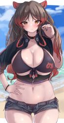 Rule 34 | 1girl, alternate breast size, alternate costume, animal ears, beach, bikini, bikini under clothes, blush, breasts, breasts out, brown eyes, brown hair, buchibussei, choker, cleavage, closed mouth, cowboy shot, day, front-tie bikini top, front-tie top, hand on own hip, hand up, highres, hippopotamus (kemono friends), hippopotamus ears, huge breasts, jacket, japari symbol, kemono friends, long hair, looking at viewer, midriff, multicolored hair, navel, ocean, open clothes, open fly, open shorts, outdoors, parted bangs, partially unzipped, red hair, sand, shiny skin, short shorts, shorts, side-tie bikini bottom, side-tie bottom, skindentation, solo, stomach, swimsuit, track jacket, two-tone hair, unbuttoned, underboob, very long hair, water, zipper, zipper pull tab