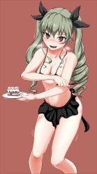 Rule 34 | 10s, 1girl, :d, @ @, anchovy (girls und panzer), apron, aqua hair, bikini, black bikini, black ribbon, blush, breasts, brown background, brown eyes, cake, cleavage, drill hair, food, fork, girls und panzer, hair ribbon, highres, long hair, looking at viewer, navel, open mouth, plate, ribbon, simple background, small breasts, smile, solo, sweatdrop, swimsuit, teeth, trembling, twin drills, yaruku