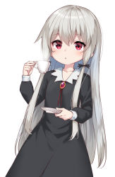 Rule 34 | 10s, 1girl, amagasa yun, black dress, brooch, collarbone, collared dress, commentary request, cowboy shot, cup, dress, fingernails, grey hair, hair between eyes, hair ornament, holding, holding cup, holding saucer, jewelry, long hair, long sleeves, parted lips, red eyes, saucer, simple background, solo, sophie twilight, teacup, tonari no kyuuketsuki-san, very long hair, white background