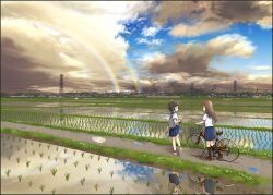 Rule 34 | 2girls, absurdres, ankle socks, backpack, bag, bicycle, black hair, black socks, blue sailor collar, blue skirt, brown eyes, brown footwear, brown hair, closed eyes, cloud, cloudy sky, commentary request, double rainbow, hair ribbon, hairband, highres, holding strap, looking at another, multiple girls, original, pleated skirt, power lines, rainbow, red hairband, ribbon, rice paddy, sailor collar, scenery, school uniform, serafuku, shirt, short hair, skirt, sky, socks, transmission tower, unfinished, walking, white footwear, white shirt, wide shot, yutuki ame