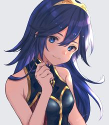 Rule 34 | 1girl, bad id, bad twitter id, blue eyes, blue hair, closed mouth, fire emblem, fire emblem awakening, fire emblem cipher, gradient background, grey background, hoshido1214, long hair, lucina (fire emblem), nintendo, simple background, smile, solo, swimsuit, tiara, upper body