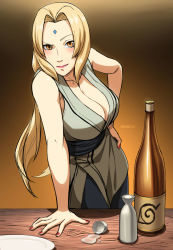 Rule 34 | 1girl, alcohol, assertive female, bad id, bad pixiv id, blonde hair, blouse, bottle, breast cutout, breasts, brown eyes, cleavage, cup, curvy, drunk, eyebrows, facial mark, forehead mark, gradient background, grey shirt, hand on own hip, hand on table, highres, indoors, japanese clothes, kimono, konohagakure symbol, large breasts, long hair, looking at viewer, mature female, nail polish, naruto, naruto (series), naruto shippuuden, plate, sake, sake bottle, sennsu, shirt, smile, solo, spill, table, tsunade (naruto), very long hair, wooden table