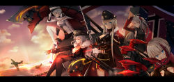 Rule 34 | 5girls, absurdres, adjusting clothes, adjusting headwear, admiral graf spee (azur lane), aircraft, amagi jiang, antenna hair, armpit cutout, azur lane, bismarck (azur lane), black dress, black gloves, black legwear, blonde hair, blue eyes, blunt bangs, breasts, cannon, cape, choker, cleavage, clothing cutout, cross, cross earrings, dress, earrings, fur trim, gloves, graf zeppelin (azur lane), hair between eyes, hand up, hat, highres, holding, holding scepter, iron cross, jewelry, large breasts, leotard, letterboxed, long hair, long sleeves, looking at viewer, mechanical hands, military, military uniform, mole, mole on breast, multicolored hair, multiple girls, open mouth, outdoors, pantyhose, peaked cap, prinz eugen (azur lane), red eyes, red hair, ribbon, rigging, scarf, scepter, short hair, sidelocks, silver hair, sitting, skirt, small breasts, smile, standing, streaked hair, sunset, thighhighs, tirpitz (azur lane), two side up, uniform, very long hair, white gloves