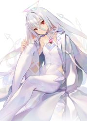Rule 34 | 1other, androgynous, bodysuit, hair between eyes, halo, hololive, hololive english, long hair, looking at viewer, omega alpha, red eyes, ritsuki, solo, triangle halo, virtual youtuber, white background, white bodysuit, white hair