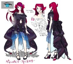 Rule 34 | 1girl, animal ears, anonymous (yu-gi-oh!), artist request, bat ears, black dress, blue eyes, character name, character sheet, clothing cutout, dress, duel monster, full body, heart, high heels, holding, holding hair, multicolored hair, navel cutout, official art, parted lips, production art, purple hair, red hair, smile, translation request, vampire, vampire fascinator, yu-gi-oh!