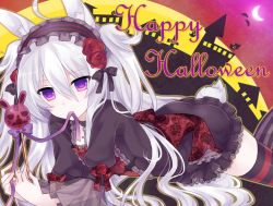 Rule 34 | 1girl, ahoge, animal ears, bad id, bad pixiv id, candy, dress, food, frills, gothic lolita, hairband, halloween, happy halloween, holding, lace, lace-trimmed dress, lace trim, lolita fashion, lolita hairband, lollipop, long hair, looking at viewer, lying, on stomach, original, purple eyes, rabbit ears, rabbit tail, red thighhighs, silver hair, solo, striped clothes, striped thighhighs, tail, text focus, thighhighs, tsukikage nemu, zettai ryouiki
