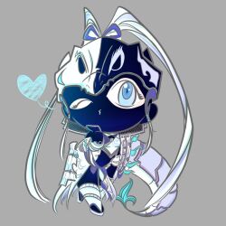 Rule 34 | 1girl, armor, artist name, artist request, black bodysuit, blowing kiss, blue eyes, bodysuit, breasts, chibi, dragon girl, dragon mask, dragon tail, faced masked, female focus, full body suit, grey background, heart, helmet, long hair, looking at viewer, masked face, masked female, one eye closed, purple skirt, sandals, skirt, small breasts, swordsoul (yu-gi-oh!), swordsoul of mo ye, tail, white hair, yu-gi-oh!