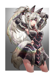 adjusting_hair armored_skirt armpits breasts cowboy_shot fur_trim hair_tie high_ponytail highres hip_vent long_hair looking_at_viewer medium_breasts monster_hunter monster_hunter:_world monster_hunter_(series) mouth_hold pink_eyes solo spinel_(9057) very_long_hair white_hair zinogre_(armor)