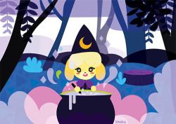 Rule 34 | 1girl, animal ears, artist name, bubble, cauldron, cooking, crescent, dog ears, dog girl, animal crossing, forest, halloween, hat, looking at viewer, lowres, mixing, nature, nintendo, isabelle (animal crossing), solo, steam, sumehra, symbol-shaped pupils, tree stump, witch hat