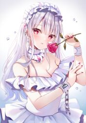 Rule 34 | 1girl, blush, breasts, chain, cleavage, collarbone, commentary request, dress, flower, frilled dress, frills, gradient background, grey background, grey hair, hand up, highres, holding, holding flower, keyhole, long hair, looking at viewer, medium breasts, nail polish, off-shoulder dress, off shoulder, original, parted lips, red eyes, red flower, red nails, red rose, rose, sakura hiyori, solo, very long hair, water drop, white background, white dress, wrist cuffs