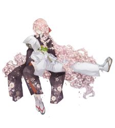 Rule 34 | 1boy, 1girl, absurdly long hair, cherry blossoms, commentary request, corpse, covered face, closed eyes, floral print, flower, highres, japanese clothes, kamura gimi, long hair, long sleeves, original, own hands together, pink flower, pink hair, sandals, simple background, socks, very long hair, white background, white flower, wide sleeves