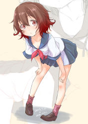 Rule 34 | 1girl, black sailor collar, black skirt, brown hair, commentary request, dated, full body, fyuo, highres, kantai collection, leaning forward, looking at viewer, mutsuki (kancolle), official alternate costume, pleated skirt, red hair, sailor collar, sailor shirt, shirt, short hair, short sleeves, skirt, solo, standing, zoom layer
