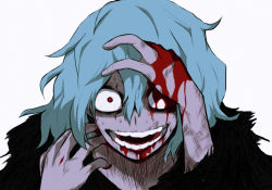Rule 34 | 1boy, blood, blood on face, blood on hands, blue hair, boku no hero academia, commentary request, fur trim, hair between eyes, hand in own hair, highres, injury, looking at viewer, male focus, open mouth, portrait, red eyes, shigaraki tomura, shii (shiii24), short hair, simple background, smile, solo, teeth, white background