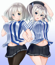 Rule 34 | 10s, 2girls, alternate costume, beret, blue background, blush, breasts, employee uniform, eyebrows, gradient background, hair ornament, hair ribbon, hairclip, hamakaze (kancolle), hat, highres, holding, holding clothes, holding hat, kantai collection, kashima (kancolle), large breasts, lawson, miniskirt, multiple girls, navel, open mouth, pantyhose, pleated skirt, ribbon, short hair, silver hair, simple background, sin (kami148), skirt, thighhighs, twintails, uniform, white background