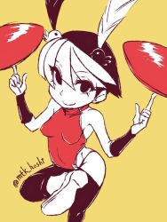 Rule 34 | 1girl, black hair, bowl, chinese clothes, eyeshadow, feather hair ornament, feng (skullgirls), from above, hair ornament, makeup, mtk hoshi, multicolored hair, short hair, skullgirls, smile, solo, two-tone hair, white hair, yellow background