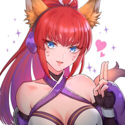 Rule 34 | 1girl, animal ears, black gloves, blue eyes, cleavage cutout, clothing cutout, facial mark, fingerless gloves, fox ears, fox girl, gloves, headphones, heart, mel6969, open mouth, ponytail, purple headphones, red hair, rin (show by rock!!), shirt, show by rock!!, smile, solo, white background, white shirt