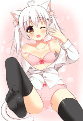 Rule 34 | 1girl, ;o, ahoge, animal ears, bare shoulders, black thighhighs, blouse, blush, bow, bow bra, bow panties, bra, breasts, cat ears, cat girl, cat tail, cellphone, cleavage, collarbone, fang, hair between eyes, hair bobbles, hair ornament, heart, heart ahoge, highres, holding, holding phone, leaning to the side, long hair, long sleeves, looking at viewer, no pants, no shoes, off shoulder, one eye closed, open clothes, open mouth, open shirt, original, panties, partially unbuttoned, phone, pink bra, pink panties, selfie, shirt, sidelocks, signature, simple background, small breasts, smartphone, soles, solo, strap slip, tail, thighhighs, twintails, underwear, white hair, white shirt, xiaosamiao