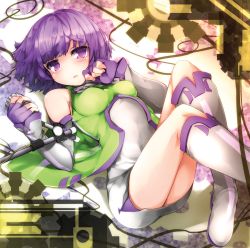 Rule 34 | bare shoulders, boots, detached sleeves, espoir, fingerless gloves, gloves, kazetto, knee boots, looking at viewer, lying, microphone, microphone stand, on back, purple eyes, purple hair, shirt, short hair, skirt, solo, sound voltex