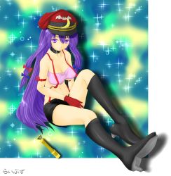 Rule 34 | 1girl, bad id, bad pixiv id, boots, bow, breasts, cleavage, cosplay, crescent, female focus, full body, gloves, hair bow, hat, highres, knee boots, large breasts, libus, long hair, macross, macross frontier, microphone, patchouli knowledge, purple eyes, purple hair, sheryl nome, sheryl nome (cosplay), shorts, sion (pixiv), solo, touhou