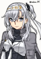 Rule 34 | 1girl, black sailor collar, clothes writing, corset, headband, jacket, jacket on shoulders, kantai collection, long hair, looking at viewer, maakun (makun dx), neckerchief, one-hour drawing challenge, one side up, sailor collar, silver hair, simple background, solo, suzutsuki (kancolle), upper body, white background, white headband, white neckerchief