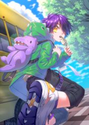 Rule 34 | 1boy, absurdres, animal hood, backpack, bag, black shorts, bus, candy, day, food, foreshortening, hair over one eye, highres, holding, holding candy, holding food, hood, hooded jacket, ikurikaito, jacket, lollipop, looking back, male focus, original, outdoors, purple hair, raincoat, running, school bus, shoes, shorts, sneakers, yellow eyes, zipper