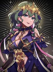 Rule 34 | 1girl, braid, breasts, byleth (female) (fire emblem), byleth (fire emblem), cleavage, cosplay, dress, fire emblem, fire emblem: three houses, fire emblem heroes, green eyes, green hair, hair ribbon, highres, hirotaka (hrtk990203), jewelry, large breasts, looking at viewer, medium hair, nintendo, official alternate costume, ribbon, ribbon braid, smile, solo, sothis (fire emblem), sothis (fire emblem) (cosplay), sparkle background, tiara, twin braids