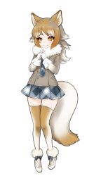Rule 34 | 10s, 1girl, animal ear fluff, animal ears, brown hair, character request, check character, footwear bow, full body, fur-trimmed footwear, fur collar, fur trim, interlocked fingers, ise (0425), italian wolf (kemono friends), kemono friends, long hair, long sleeves, looking away, multicolored hair, necktie, orange eyes, own hands together, plaid, plaid necktie, plaid neckwear, plaid skirt, pleated skirt, shoes, simple background, skirt, smile, solo, tail, thighhighs, white background, white hair, wolf ears, wolf tail, zettai ryouiki