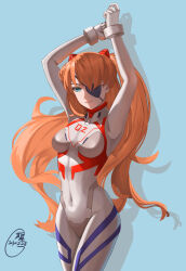 Rule 34 | 1girl, absurdres, alternate hair length, alternate hairstyle, arms up, blue background, blue eyes, bodysuit, breasts, brown hair, curvy, evangelion: 3.0+1.0 thrice upon a time, eyepatch, female focus, hair ornament, highres, light smile, lips, long hair, looking at viewer, maskiy, medium breasts, neon genesis evangelion, plugsuit, rebuild of evangelion, simple background, smile, solo, souryuu asuka langley, standing, twintails, two side up, white bodysuit, wide hips