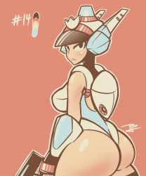 Rule 34 | 1girl, ass, bodysuit, breasts, gauntlets, helmet, highres, huge ass, kimyouna juju, large breasts, leotard, looking at viewer, looking back, mighty (series), mighty switch force!, orange background, patricia wagon, police, police uniform, policewoman, serious, signature, simple background, solo, uniform