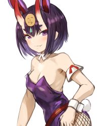 Rule 34 | 1girl, absurdres, animal ears, armband, bare shoulders, belt, blush, bob cut, breasts, closed mouth, collarbone, detached collar, eyeliner, fake animal ears, fang, fang out, fate/grand order, fate (series), fishnet pantyhose, fishnets, headpiece, highres, horns, leotard, looking at viewer, makeup, oni, pantyhose, playboy bunny, purple eyes, purple hair, purple leotard, rabbit ears, rabbit tail, short hair, shuten douji (fate), skin-covered horns, small breasts, smile, solo, sookmo, strapless, strapless leotard, tail, wrist cuffs