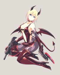 Rule 34 | 1girl, android, bare shoulders, bayonet, blue eyes, breasts, cleavage, collarbone, commentary, cosplay, demon girl, demon wings, dual wielding, elbow gloves, expressionless, gloves, grey background, gun, hair between eyes, handgun, head tilt, high heels, highres, holding, holding gun, holding weapon, horns, ishiyumi, joints, looking at viewer, mechanical arms, mechanical buddy universe, mechanical legs, mechanical wings, momdroid (mechanical buddy universe), navel, pistol, platinum blonde hair, red tail, red wings, revealing clothes, robot joints, short hair, sideboob, sleeveless, solo, submachine gun, tagme, thighhighs, weapon, wings