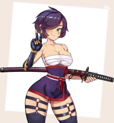 Rule 34 | 1girl, armor, bare shoulders, black thighhighs, border, breasts, brown border, cleavage, closed mouth, commission, gauntlets, green eyes, hair over one eye, highres, holding, holding sword, holding weapon, japanese armor, katana, large breasts, looking at viewer, mole, mole on breast, nisetanaka, original, purple hair, samurai, sheath, sheathed, short hair, smile, solo, sword, thighhighs, v, weapon, white background